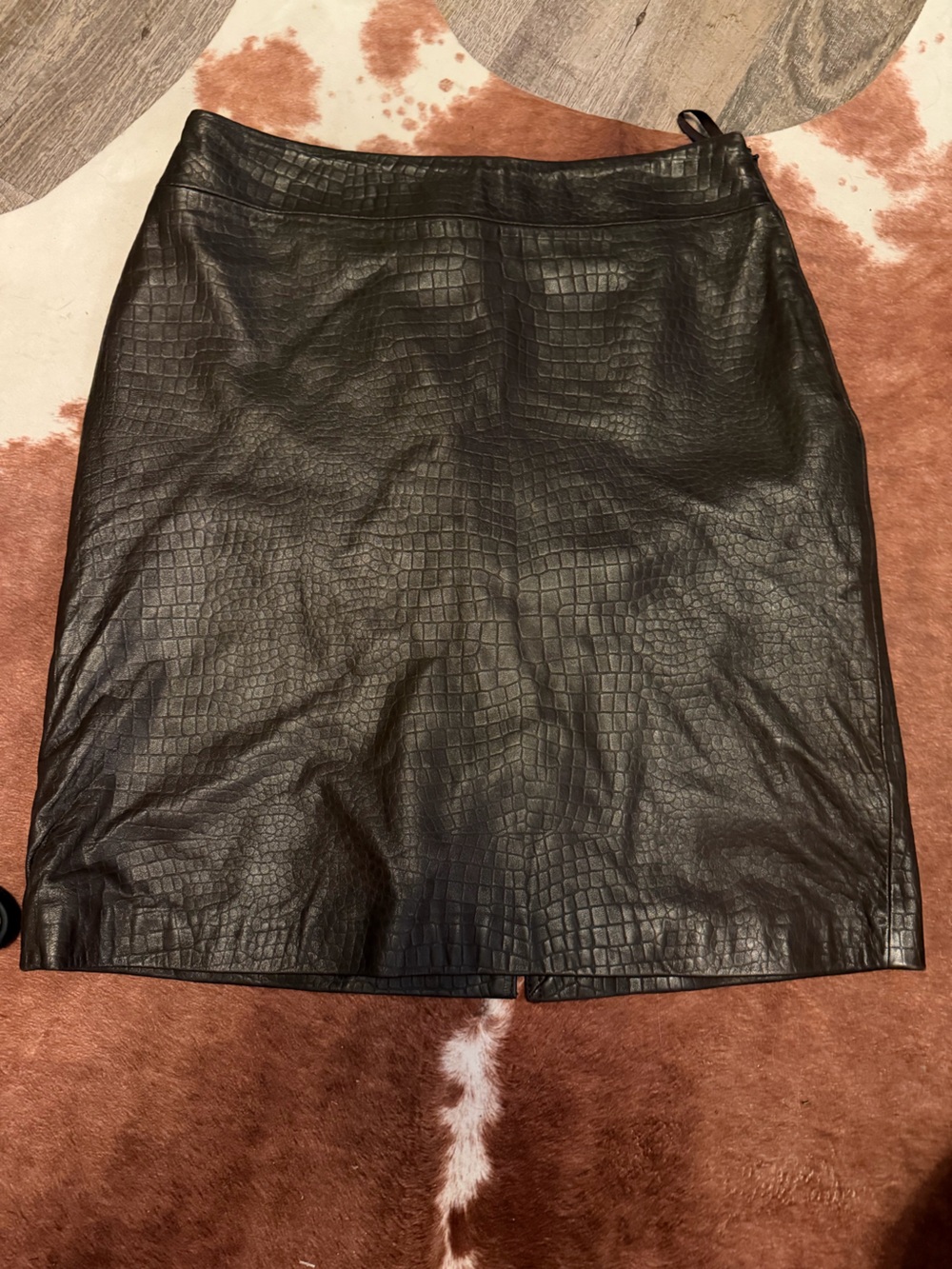 VTG Brandon Thomas Croc Embossed Brown Leather Mini Skirt Size 8 EUC